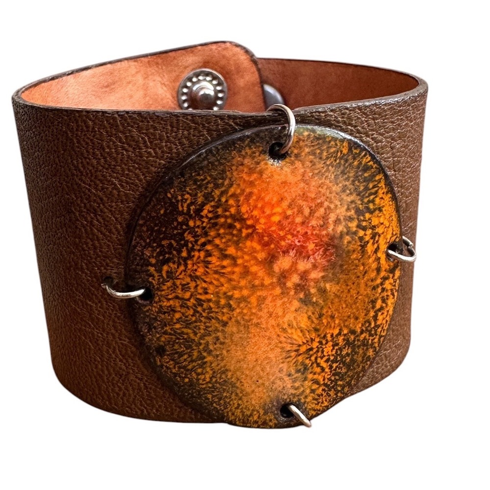 Leigh Elena Leather Cuff Bracelet Womens Brown Orange Excellent‎ Enamel Artisan